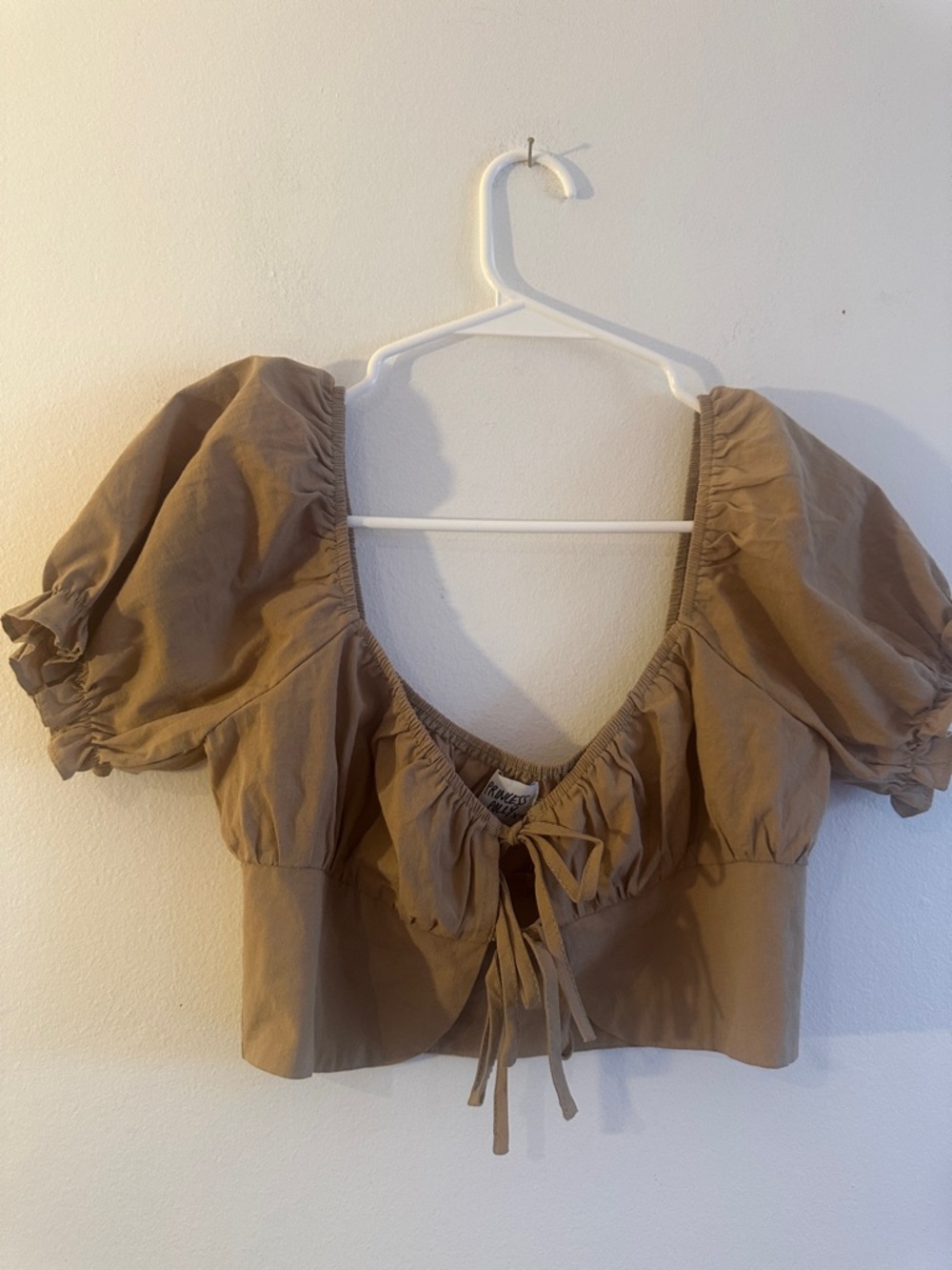 Princess Polly Tan Puff-Sleeve Tie-Front Crop Blouse -Preloved